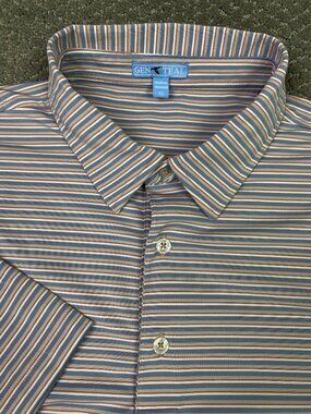 Genteal Polo Shirt Mens XL Slate Blue White Tan Striped Performance Golf Stripe